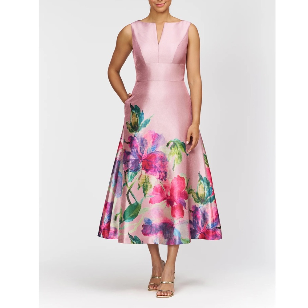 Kay Unger Marlene Placed Floral Cocktail Dress Size 10 Pockets Wedding Guest
